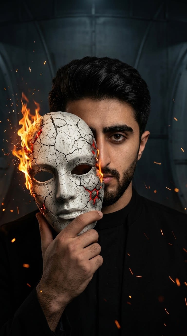 تصویر پرامپت پرتره سینمایی مرد و ماسک آتشین | PromptsFA