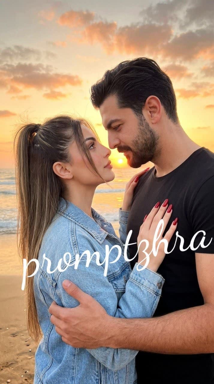 تصویر پرامپت عکاسی رمانتیک زوج در ساحل | PromptsFA