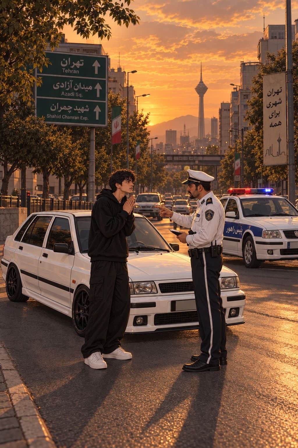 تصویر پرامپت تصویرسازی کارتونی جریمه خودرو در تهران | PromptsFA