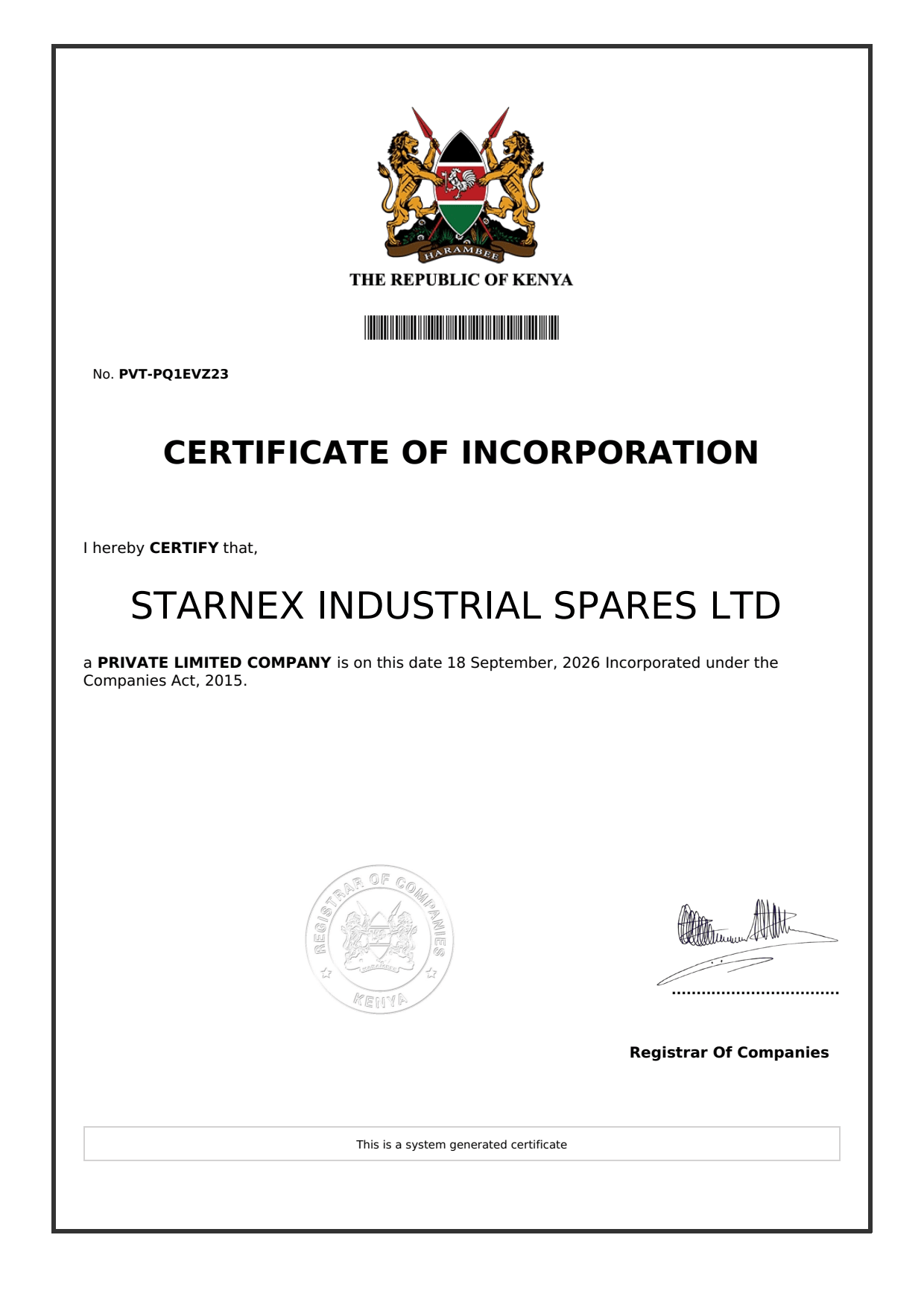 STARNEX Registration Certificate