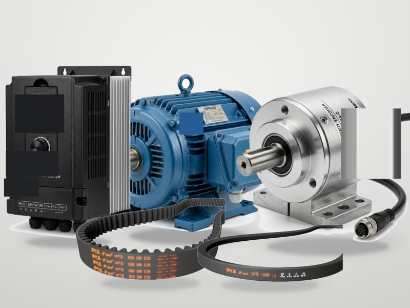 Industrial power transmission equipment including AC electric motors, variable frequency drives, precision rotary encoders, and power transmission belts