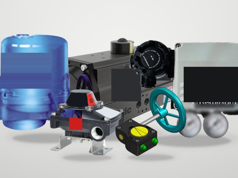 Process valve automation equipment featuring pneumatic and electric actuators, smart positioners, and limit switch boxes