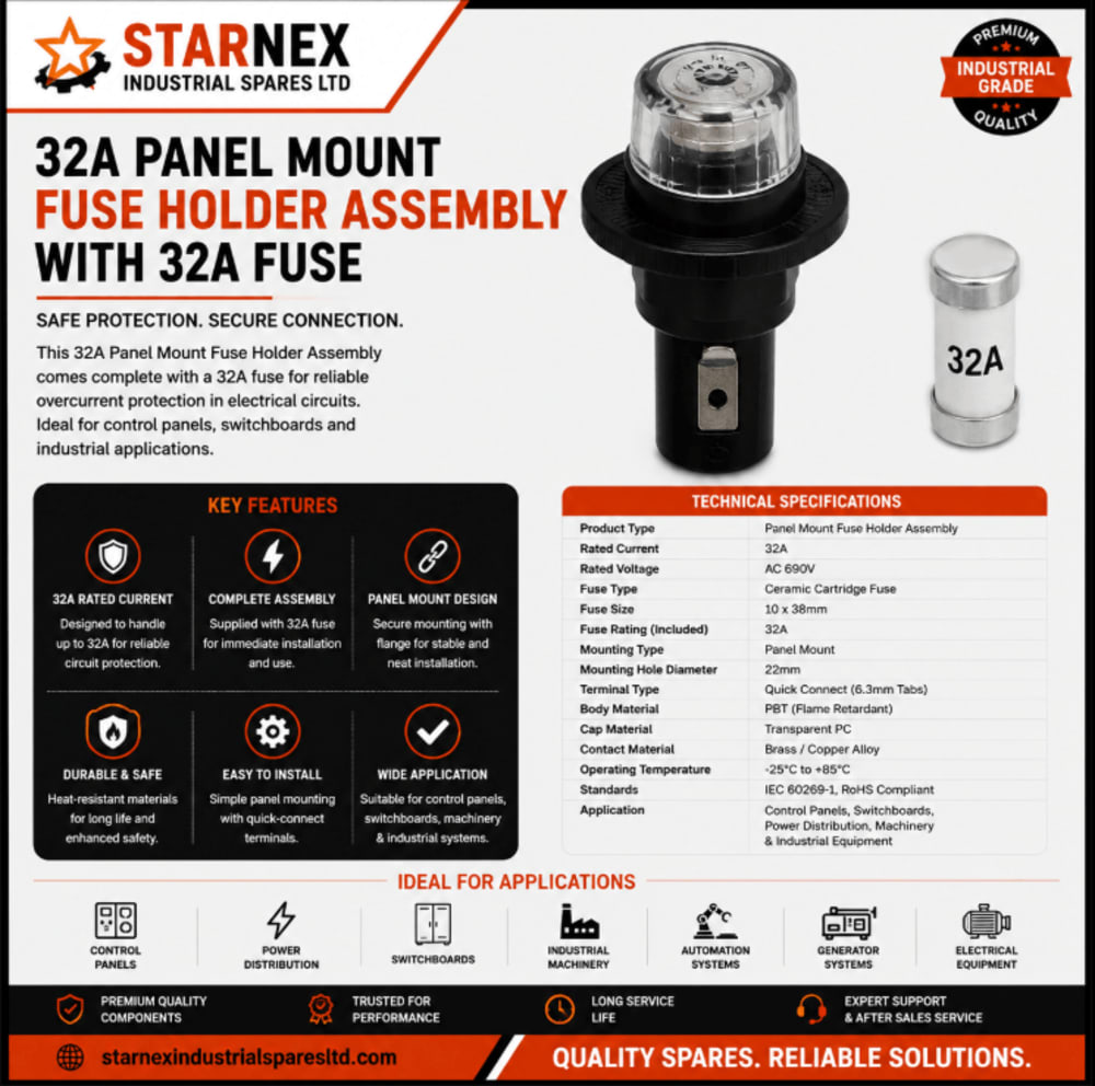 32A Panel Mount Fuse Holder Assembly with 32A Fuse for industrial boiler control panel wiring