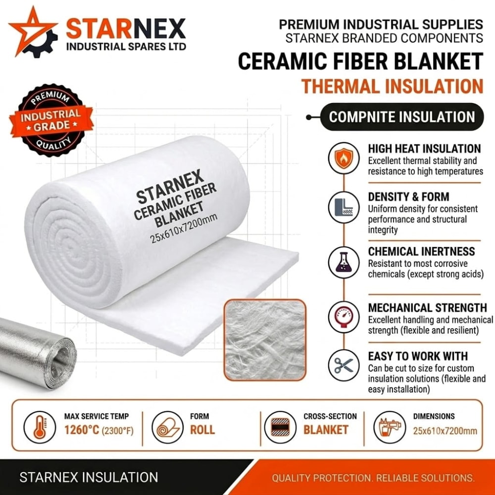 Ceramic Blanket 25×610×7200mm 1430°C for steam boiler firebox & duct insulation