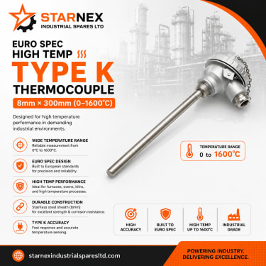 Euro Spec High Temp Type K Thermocouple 8mm × 300mm (0–1600°C)