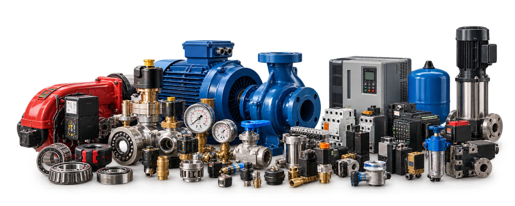 Industrial spare parts procurement showcase — pumps, motors, valves, gauges, bearings, automation drives, and electrical controls at Starnex in Nairobi