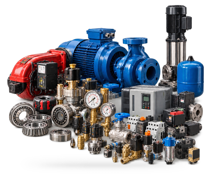 Industrial spare parts procurement showcase — pumps, motors, valves, gauges, bearings, and electrical controls at Starnex in Nairobi