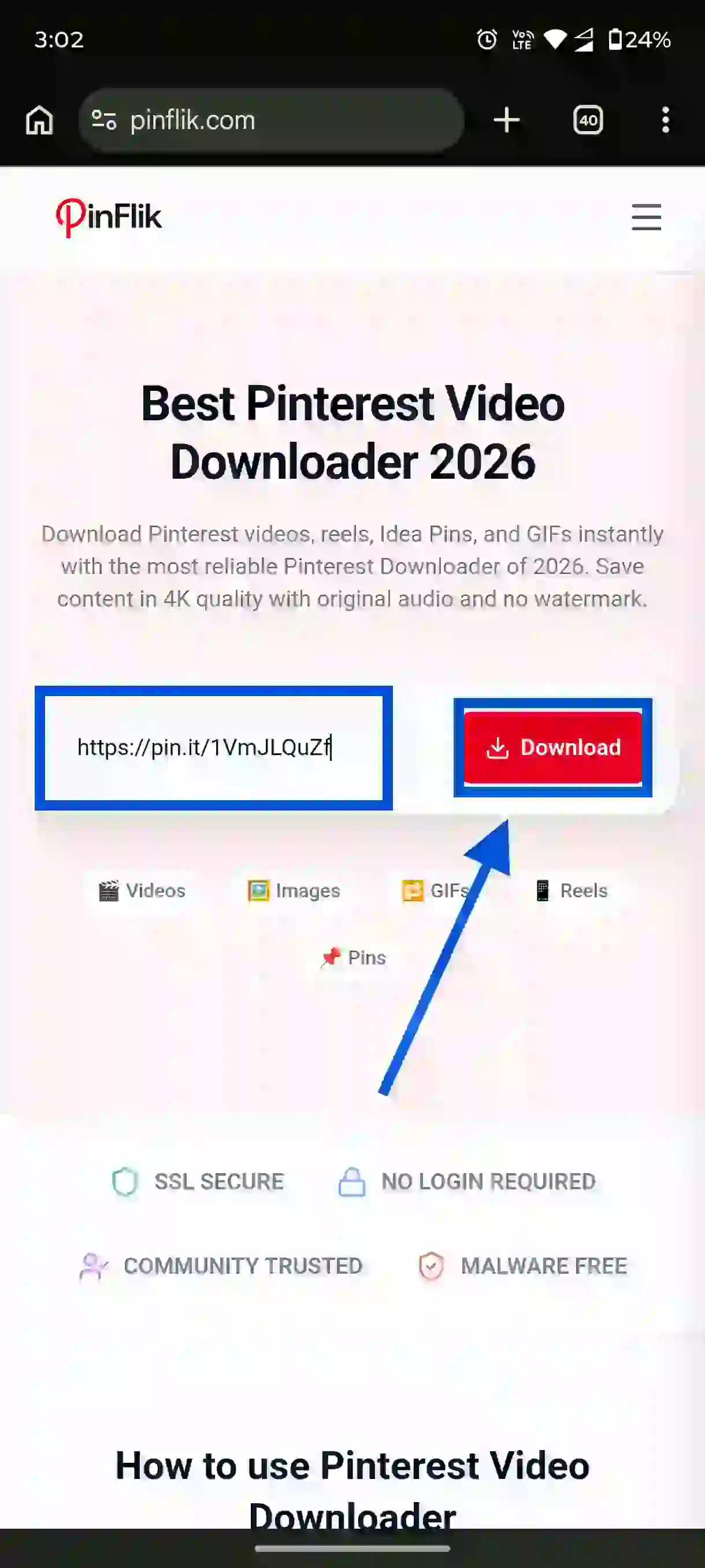 Paste Pinterest link in pinterest downloader and click download to preview the media 