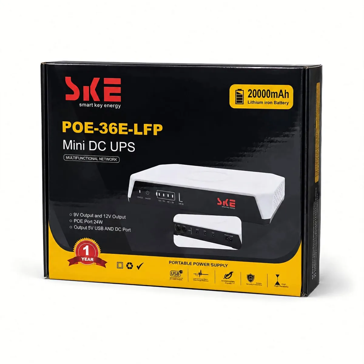 SKE POE-36E-LFP 20,000mAh LiFePO4 Mini DC UPS 36 Watt 5V, 9V, 12V, 3A (LifePO4 Battery)