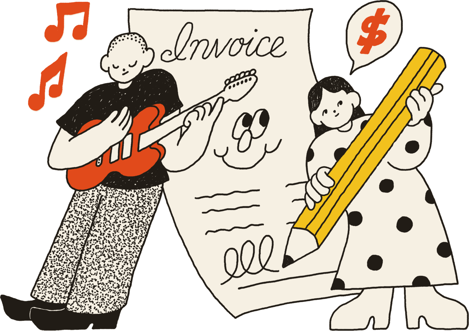 Hand-illustrated scene of a musician working alongside an anthropomorphized invoice and pencil character, representing CreateCollect's creative invoicing