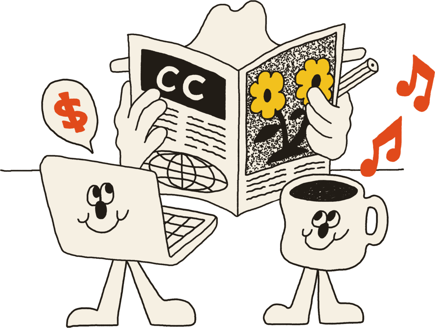 Hand-illustrated scene of a laptop, coffee mug and newspaper, representing a creative's desk on CreateCollect