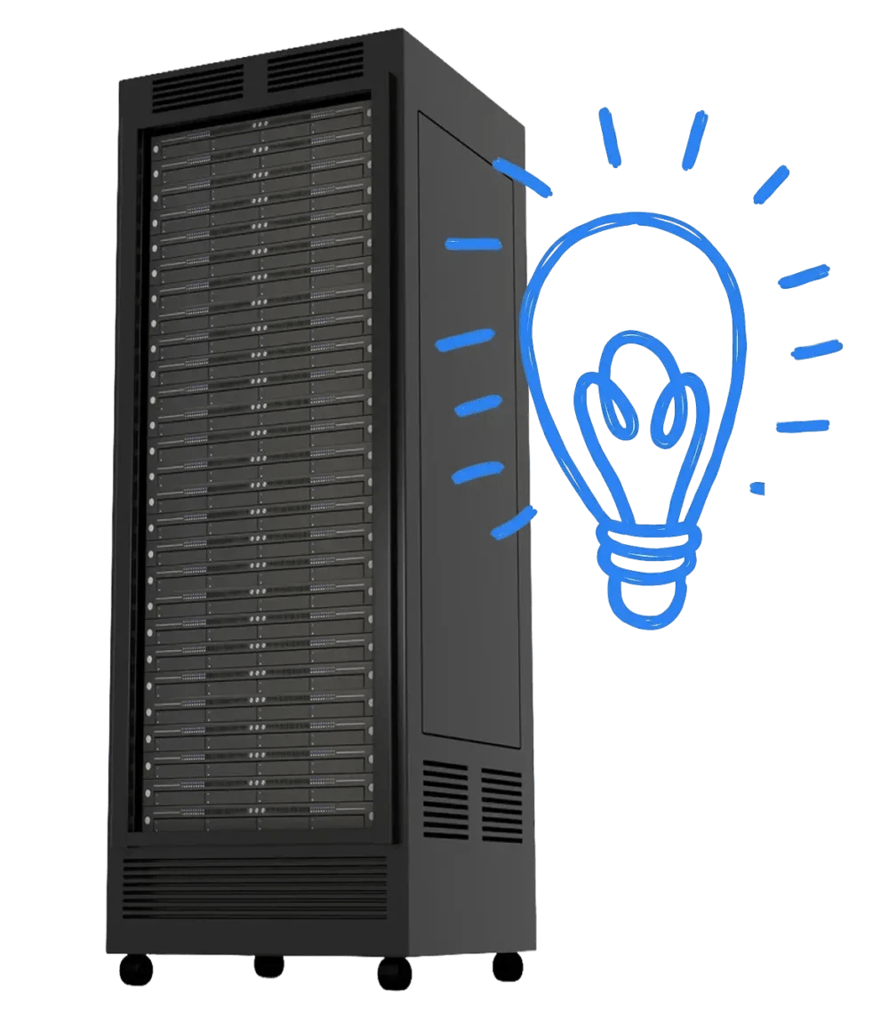 Black up right server with drawn idea light bulb in blue