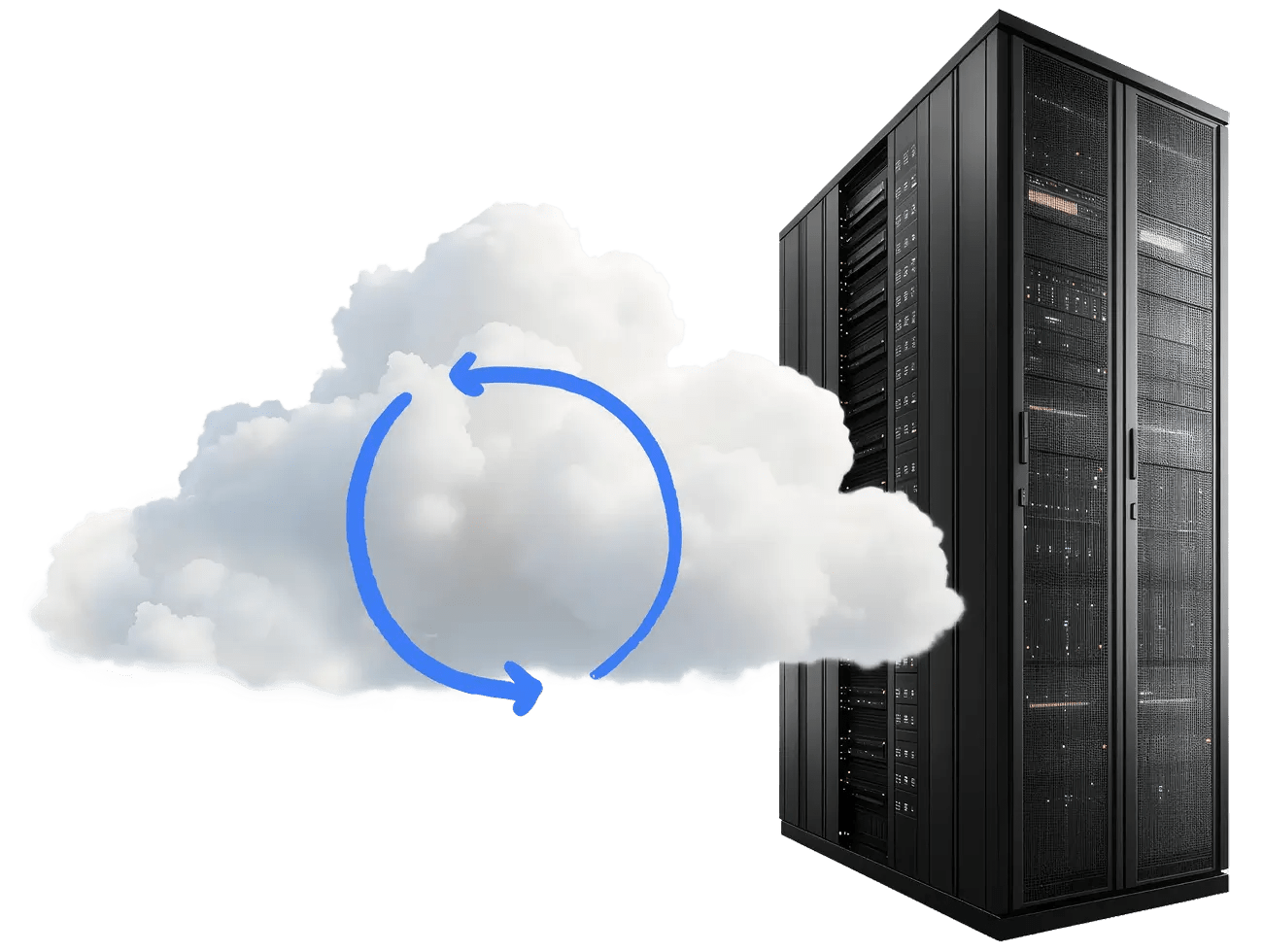 A server rack stands next to a cloud with disaster recovery arrows in a circle.