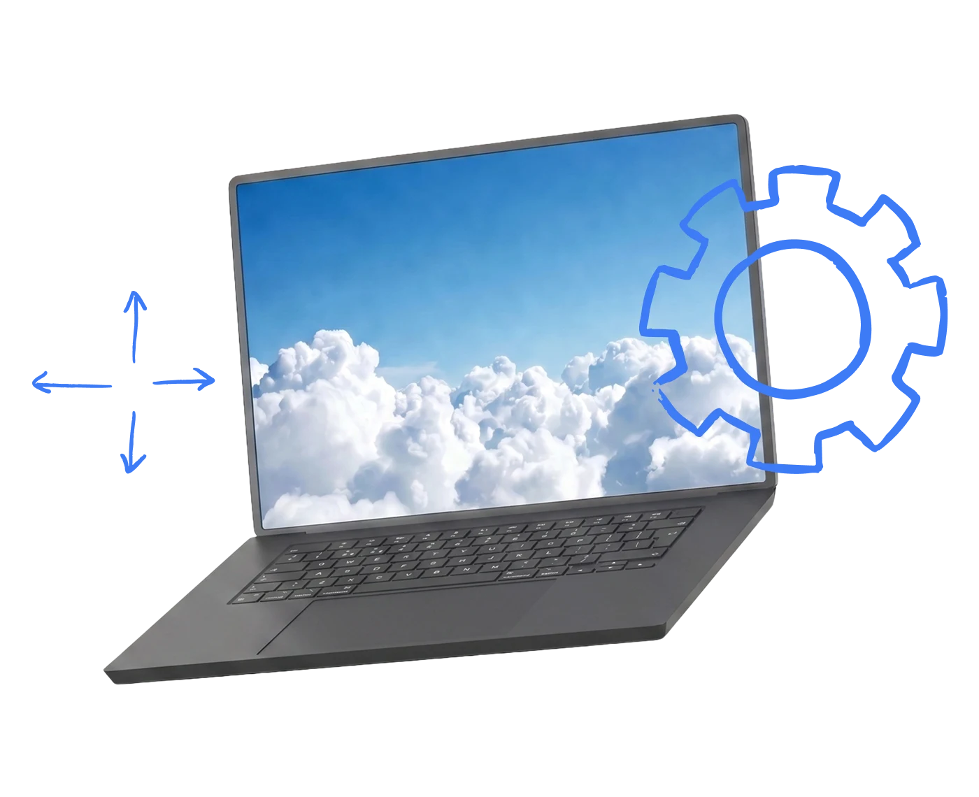 A laptop with clouds on the screen is surrounded by drawings of a settings wheel and arrows.