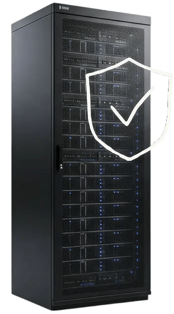A caged server rack is shown with a shield in front of it, the shield has a checkmark to indicated security.
