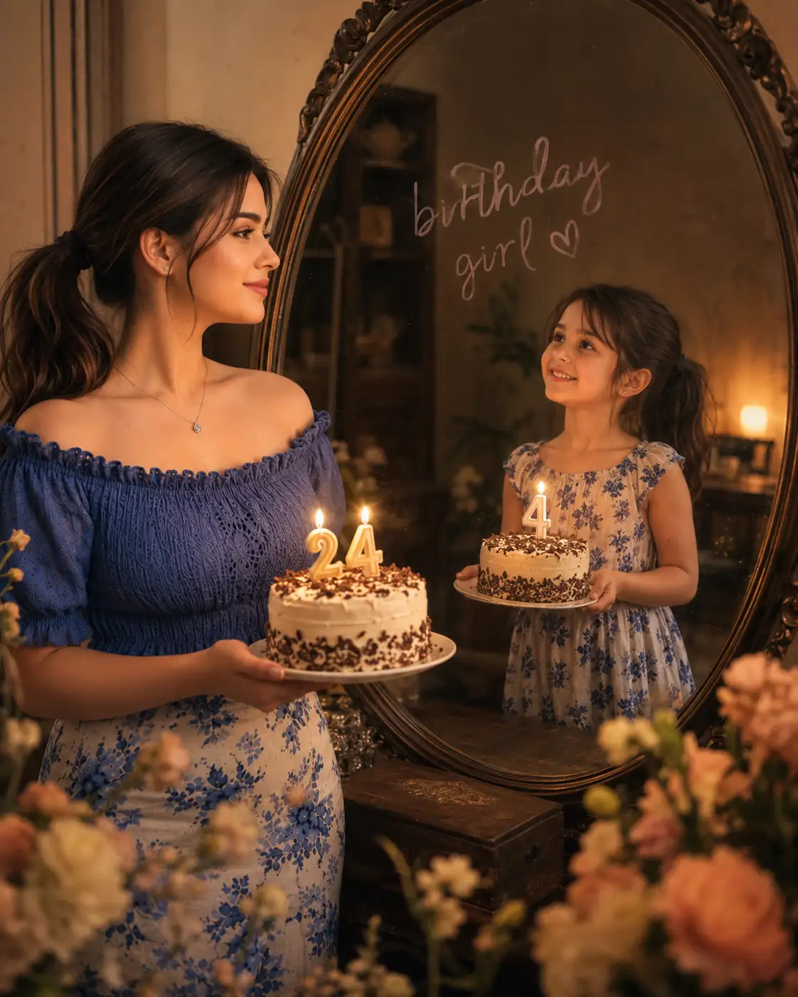 Birthday Prompt for ChatGPT: Mirror Cake Portrait Photo Edit - ChatGPT Generated Prompt Result (After)