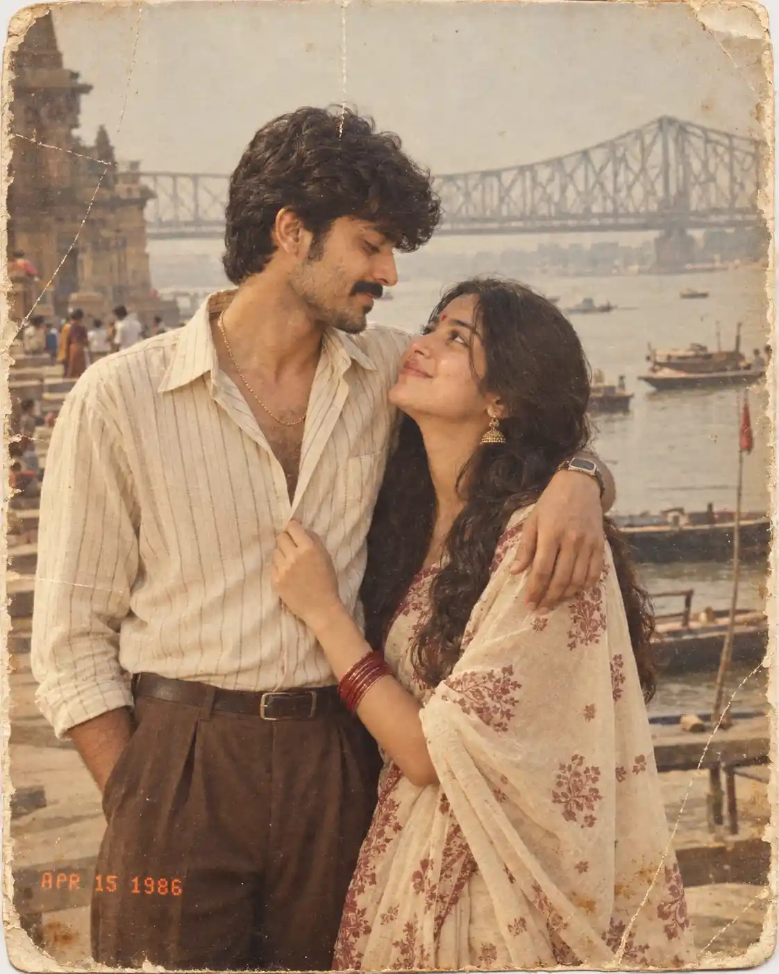 Ultra Realistic 1986 Vintage Indian Couple Photo at Riverside Ghat | 35mm Film Photography Prompt - ChatGPT Generated Prompt Result (After)