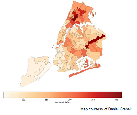 “Heat map” demonstrating the relative distribution of “wrong church” ballots in the 2020 General Election across the five boroughs