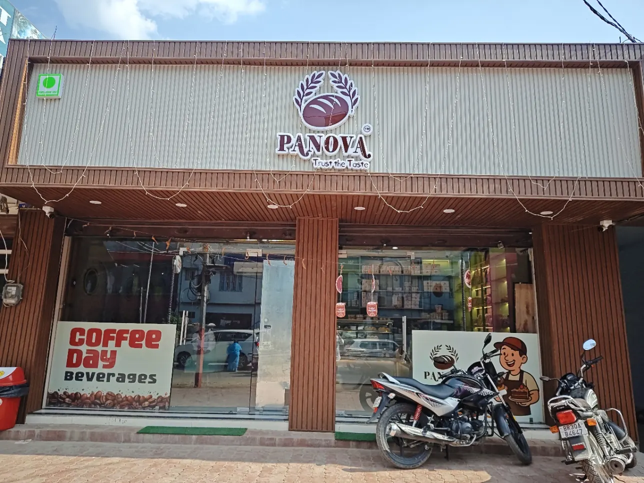 PANOVA Café storefront with 3D illuminated signboard at Sahu Chowk, Rajopatti, Sitamarhi
