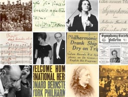 A composite image of NY Phil directors, conductors, composers, music sheets, and program covers 