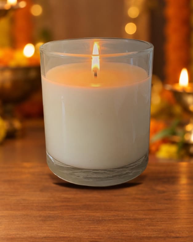 Scented glass candle, white · wax, staged in a diwali glow scene