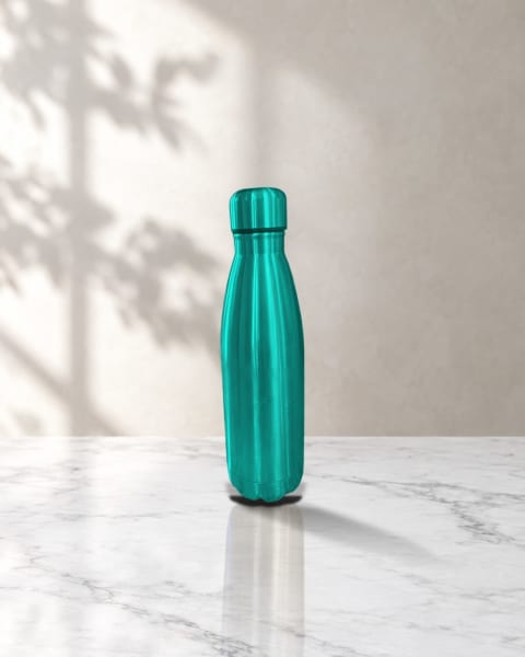 Steel water bottle in teal, on the Marble studio scene