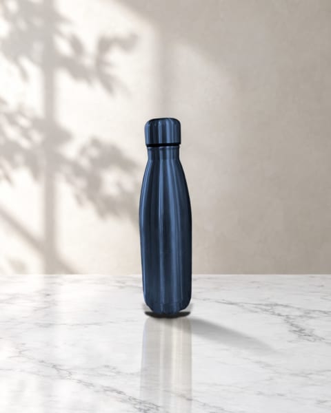Steel water bottle in charcoal, on the Marble studio scene