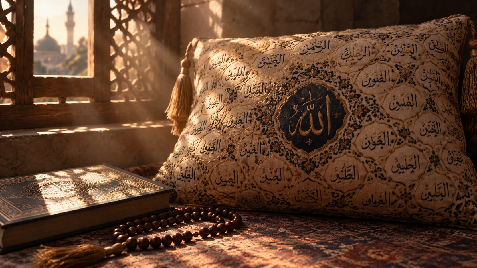 وسادةٌ مطرَّزةٌ بأسماءِ الله الحُسنى