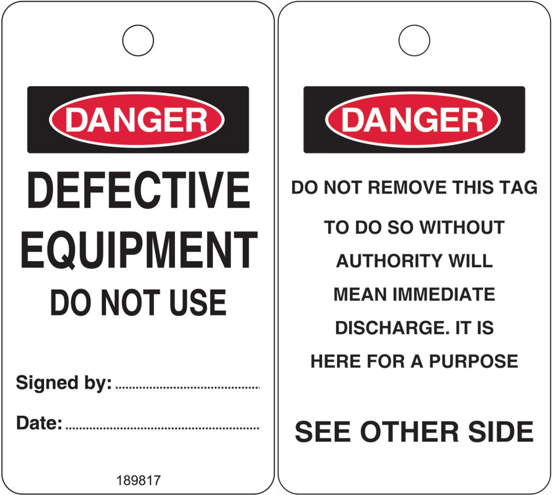 Lockout Tag - Defective Equipment Do not Use-W80mm x H145mm-Pack of 25 ...