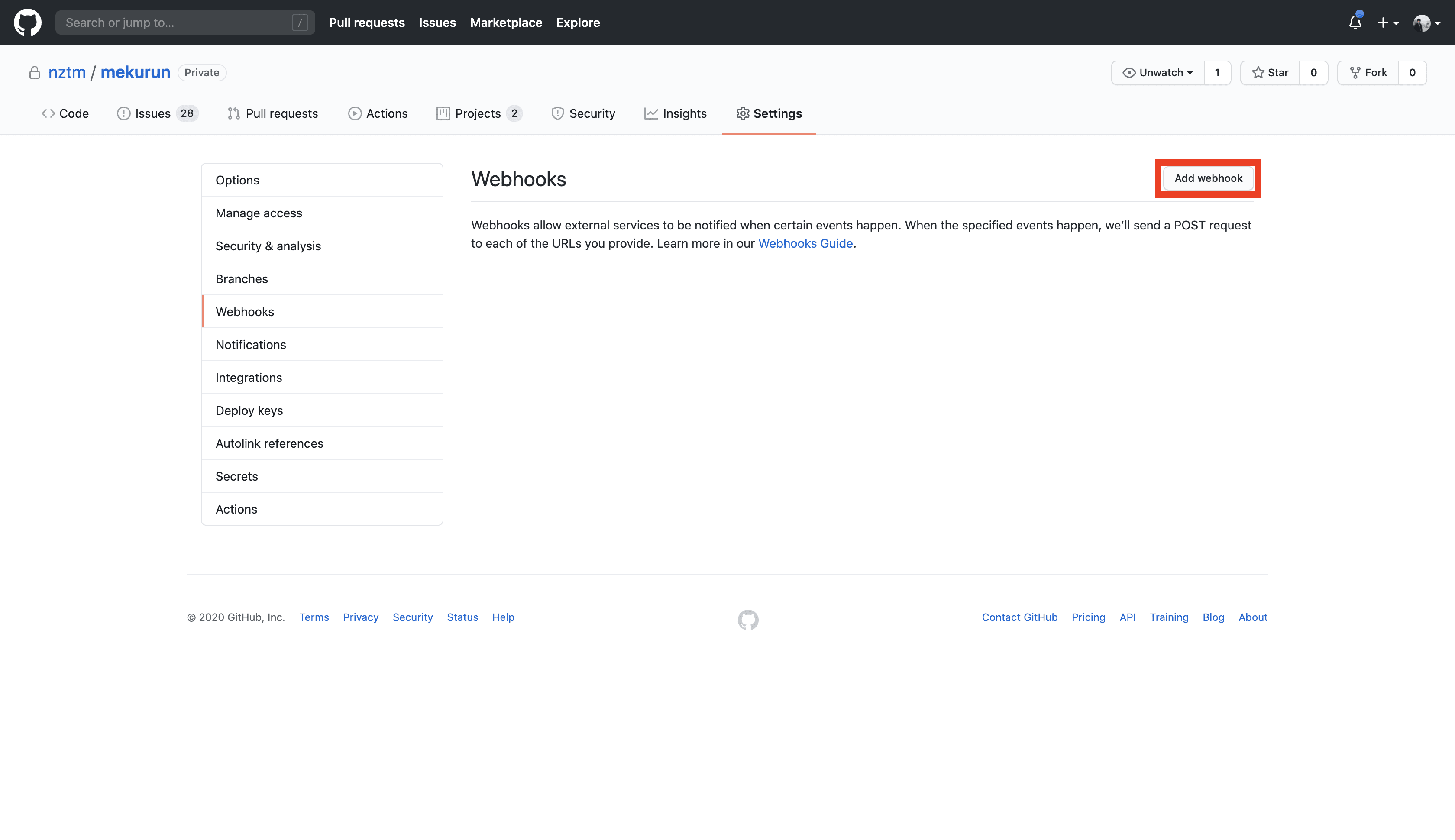 GitHub Add webhook