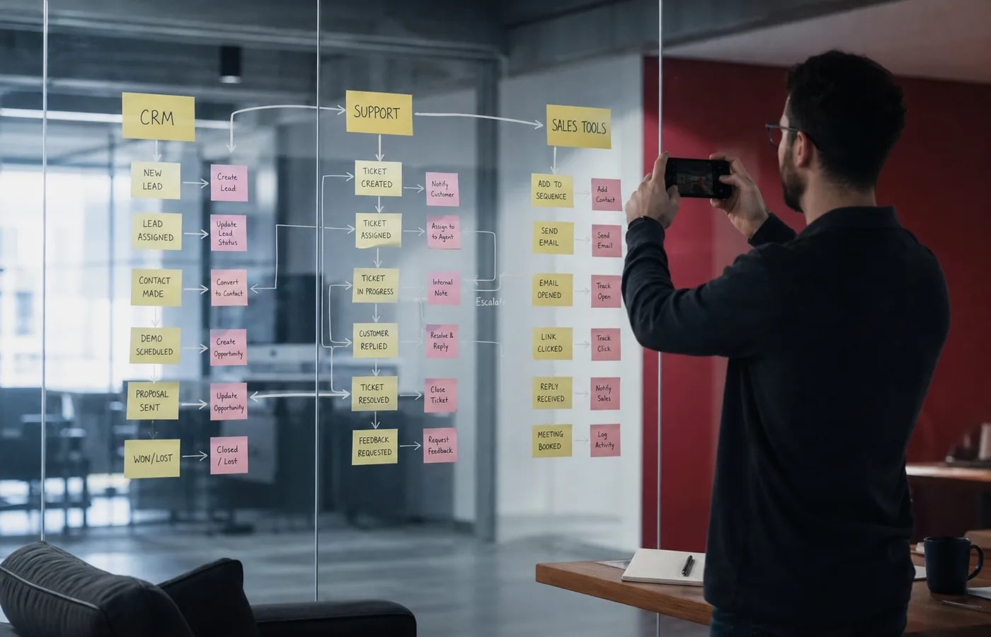 Automation process mapping connecting CRM support and sales tools on a glass wall