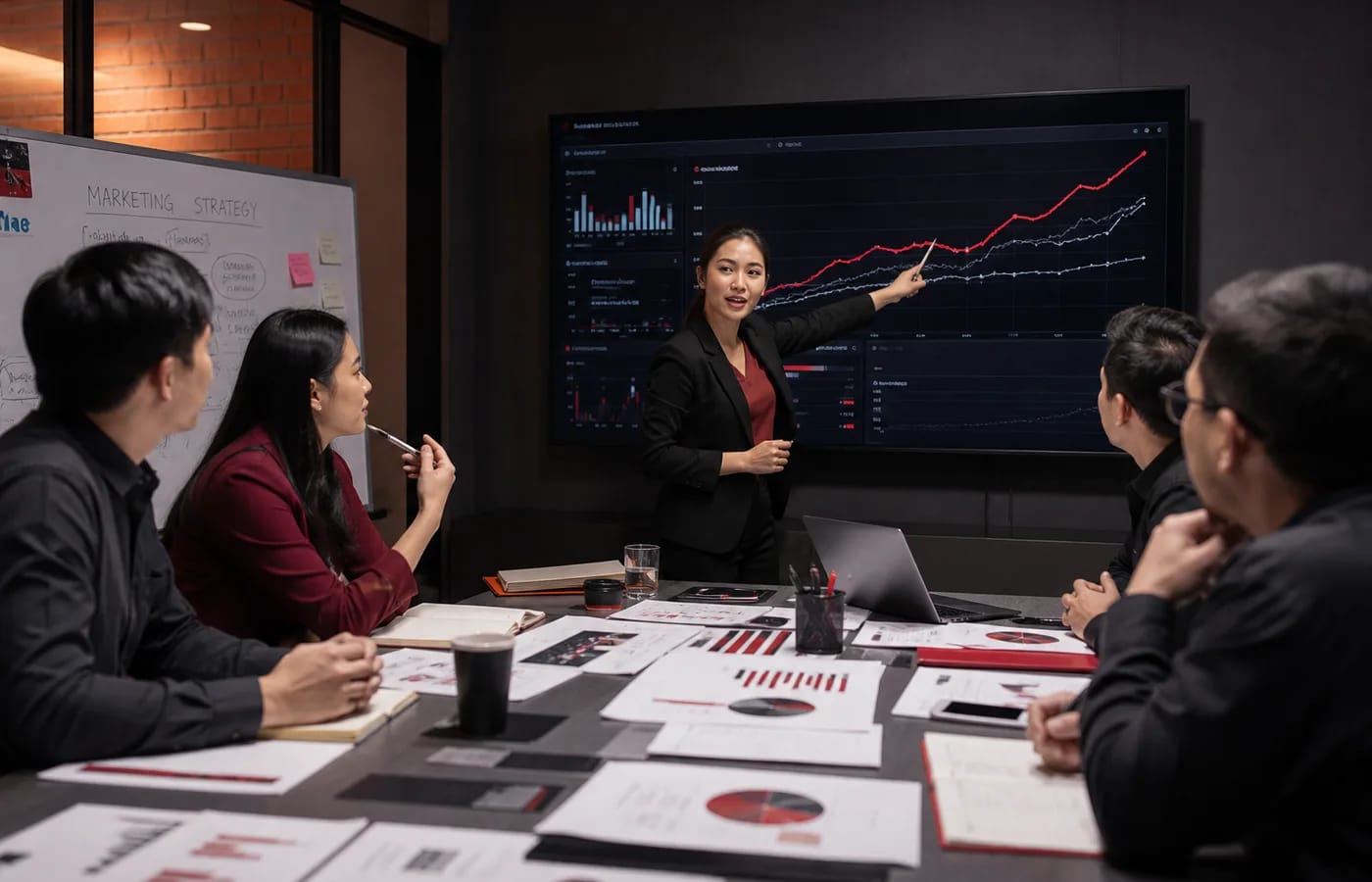 Marketing team reviewing analytics reports and growth curves during a planning huddle