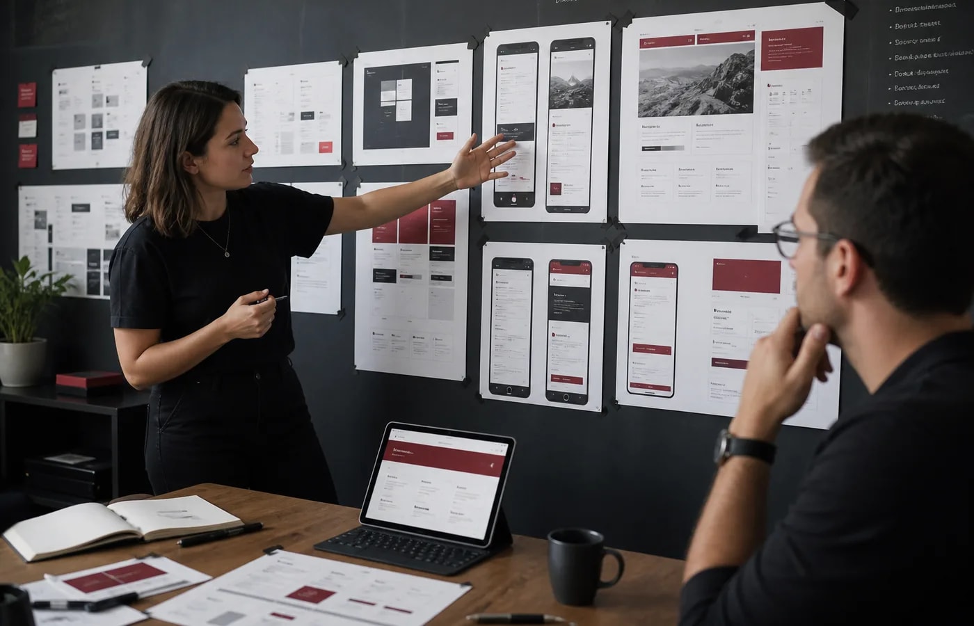 Designers critiquing website wireframes and interactive prototypes in a studio session
