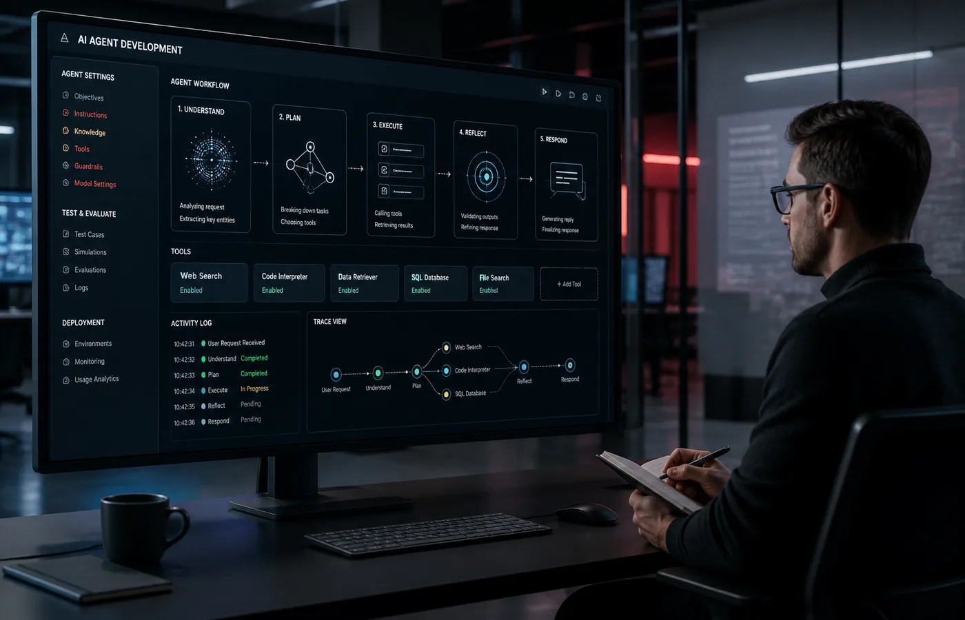 Engineer supervising an AI agent completing multi-step business tasks with approved tools