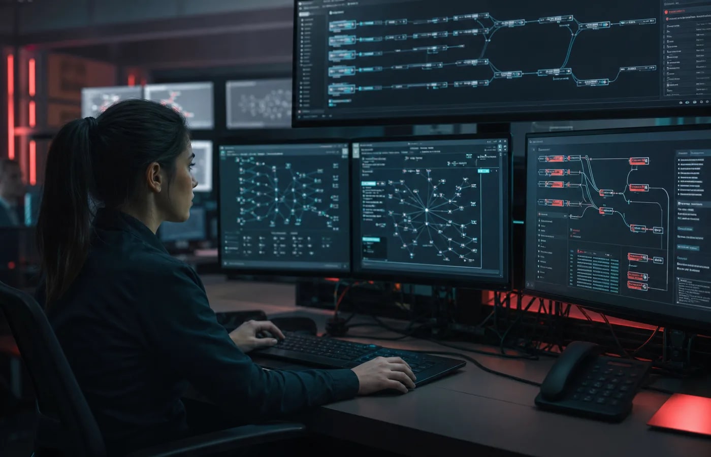 Operations specialist monitoring AI automation workflows connecting business systems on multiple screens