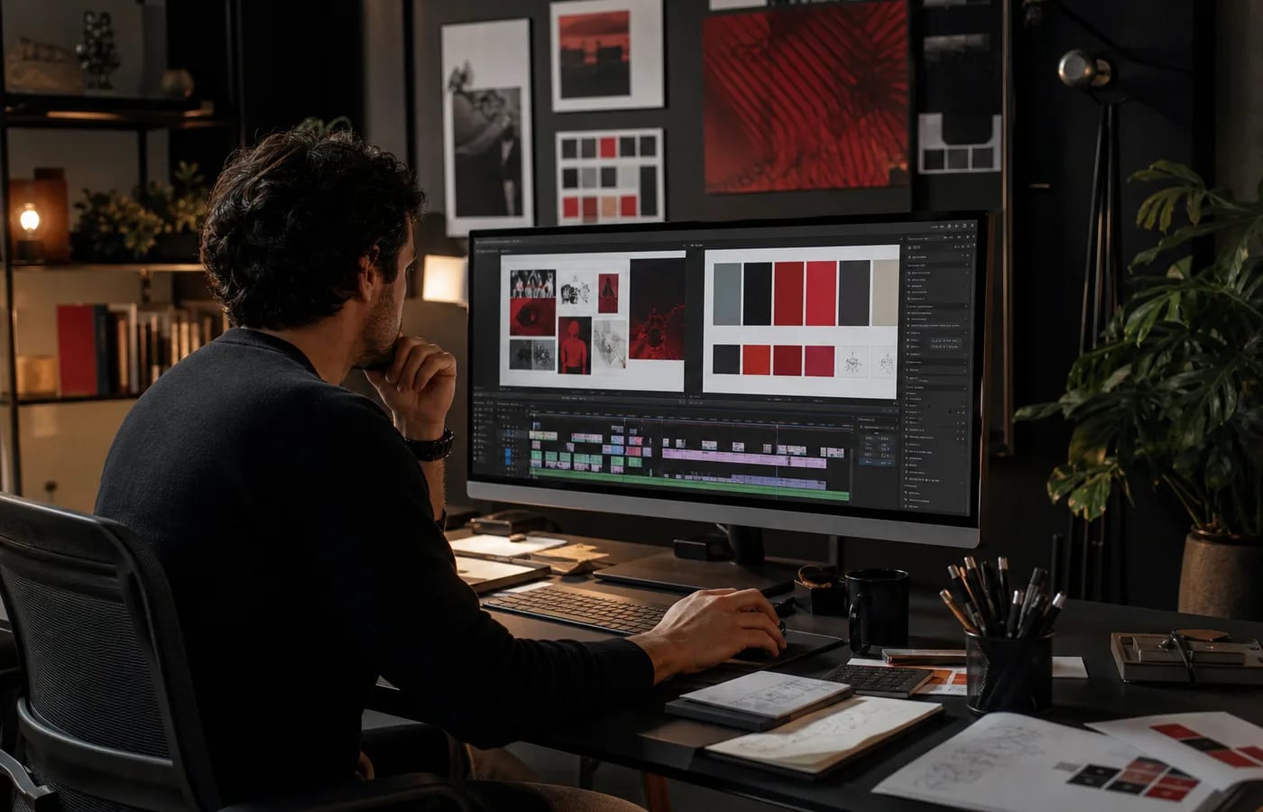 Creative director reviewing brand identity boards social creatives and video editing timelines