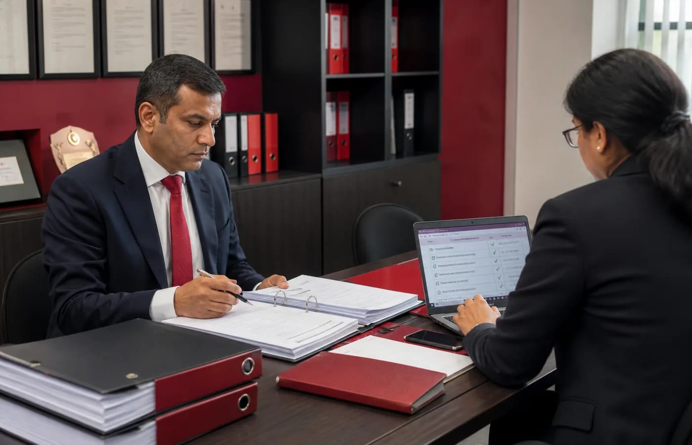 Certification auditors reviewing compliance checklists and assessment documents in a formal office