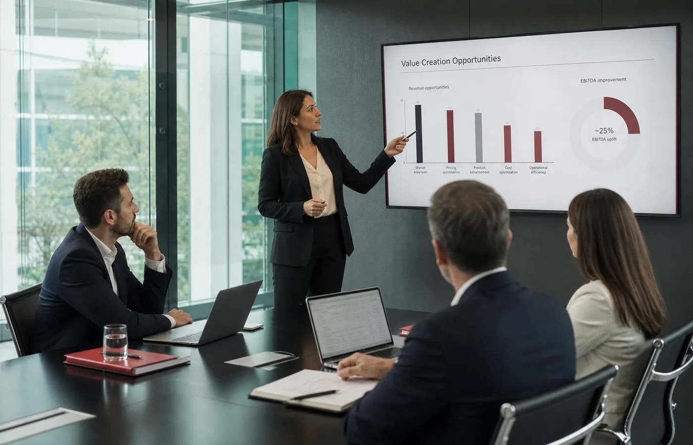 Professional consultants presenting advisory recommendations to a client in a glass meeting room