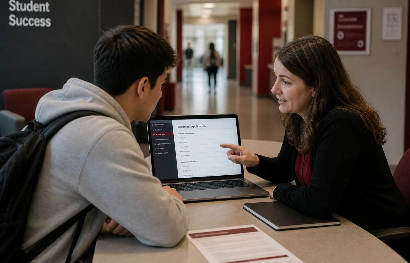 Education counselor helping a student with digital enrollment and programme enquiry forms