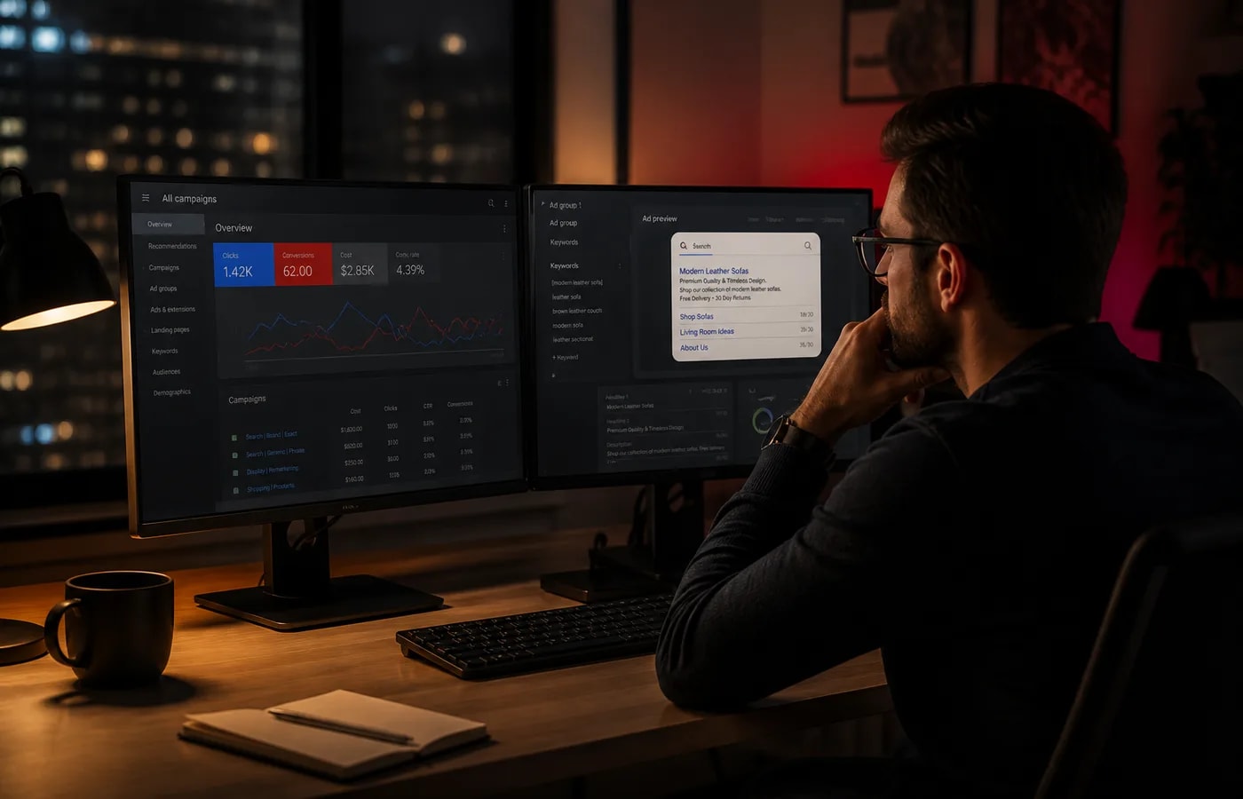 Google Ads manager reviewing search campaigns budgets and conversion performance dashboards