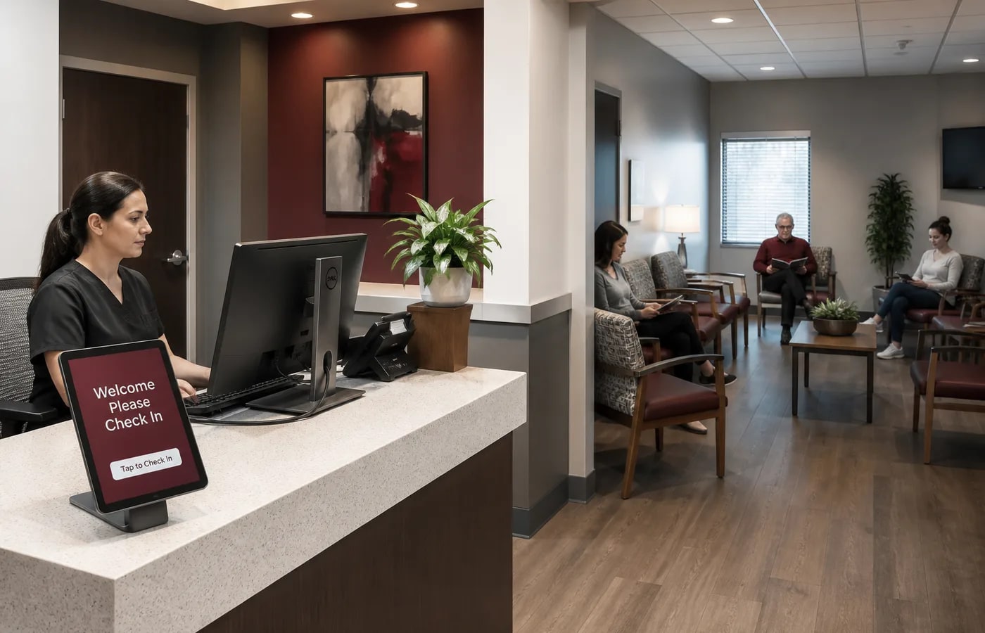 Healthcare clinic front desk using digital tools to manage patient enquiries and appointments