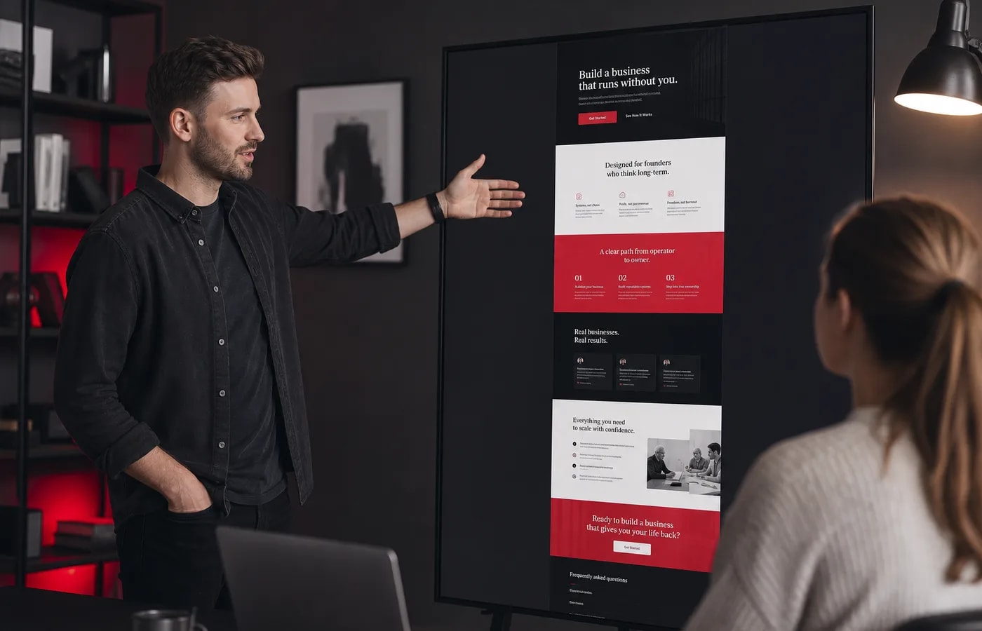 Designer presenting a conversion-focused landing page layout for lead generation campaigns
