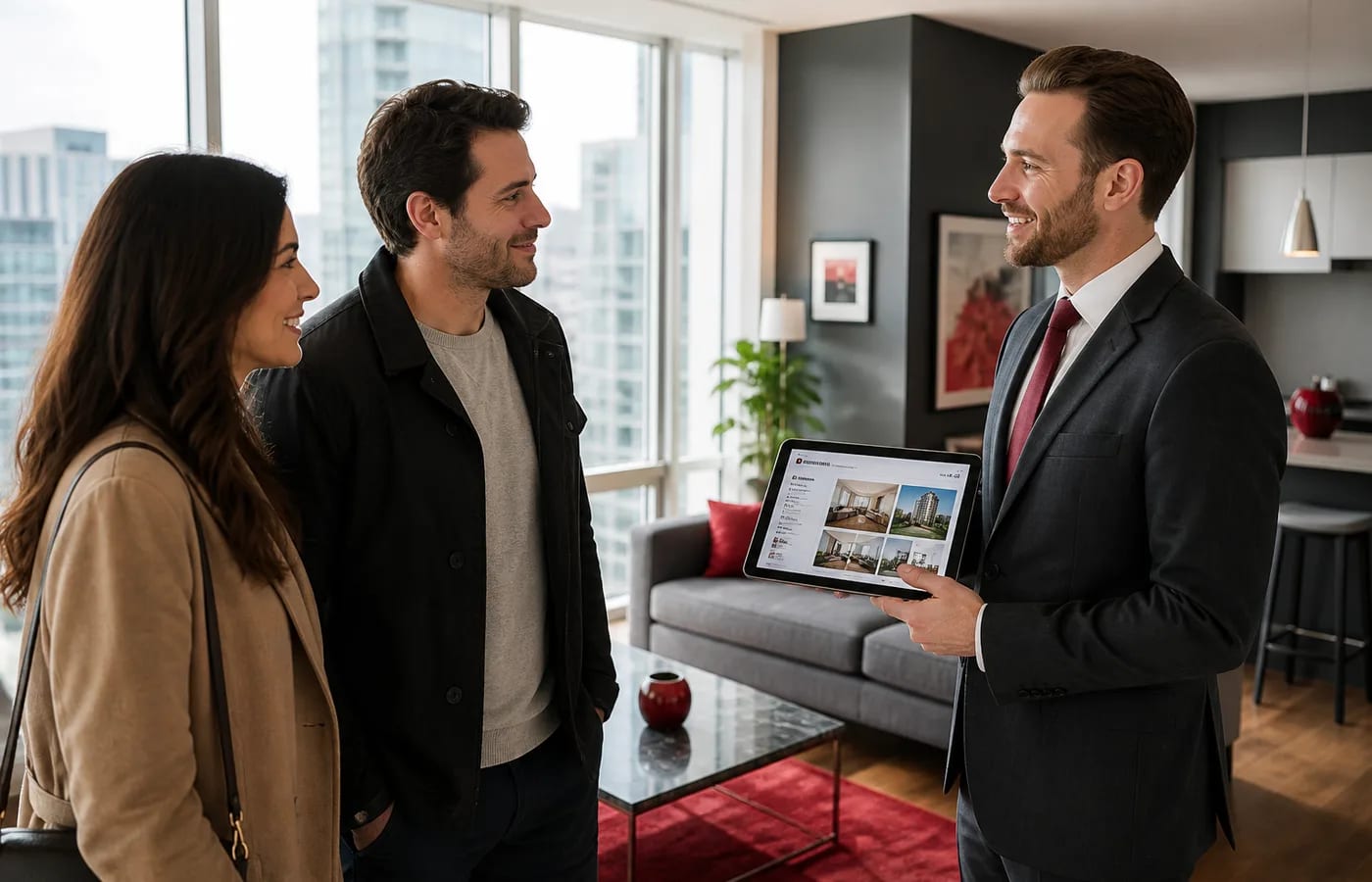 Real estate advisor showing property details on a tablet during a modern apartment viewing