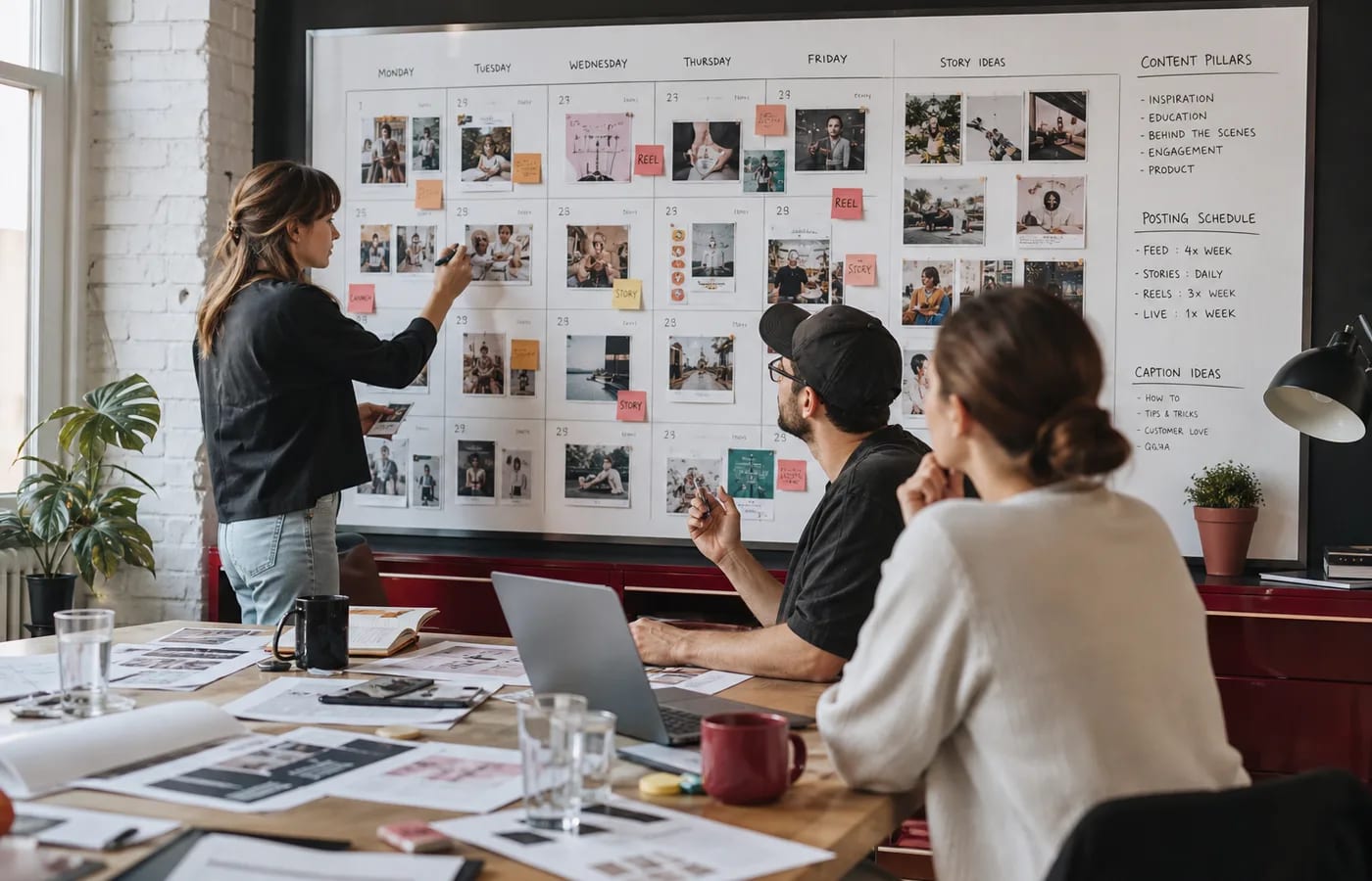 Social media team planning posts reels captions and an engagement content calendar