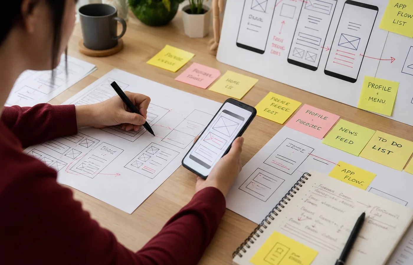 UI UX designer sketching wireframes and testing a mobile prototype with sticky-note flows