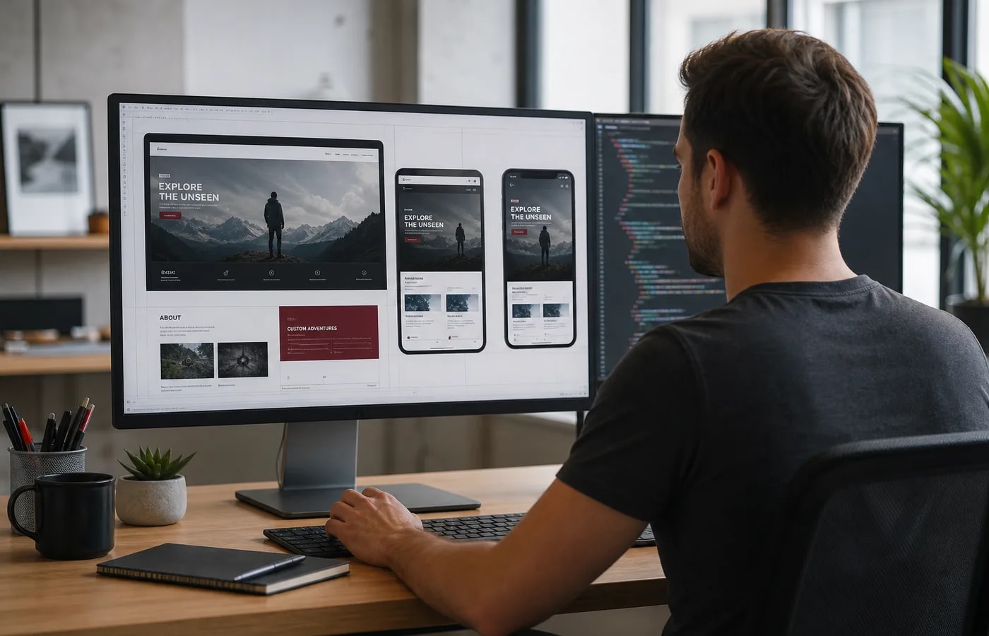 WordPress developer building a fast responsive business website on a large monitor