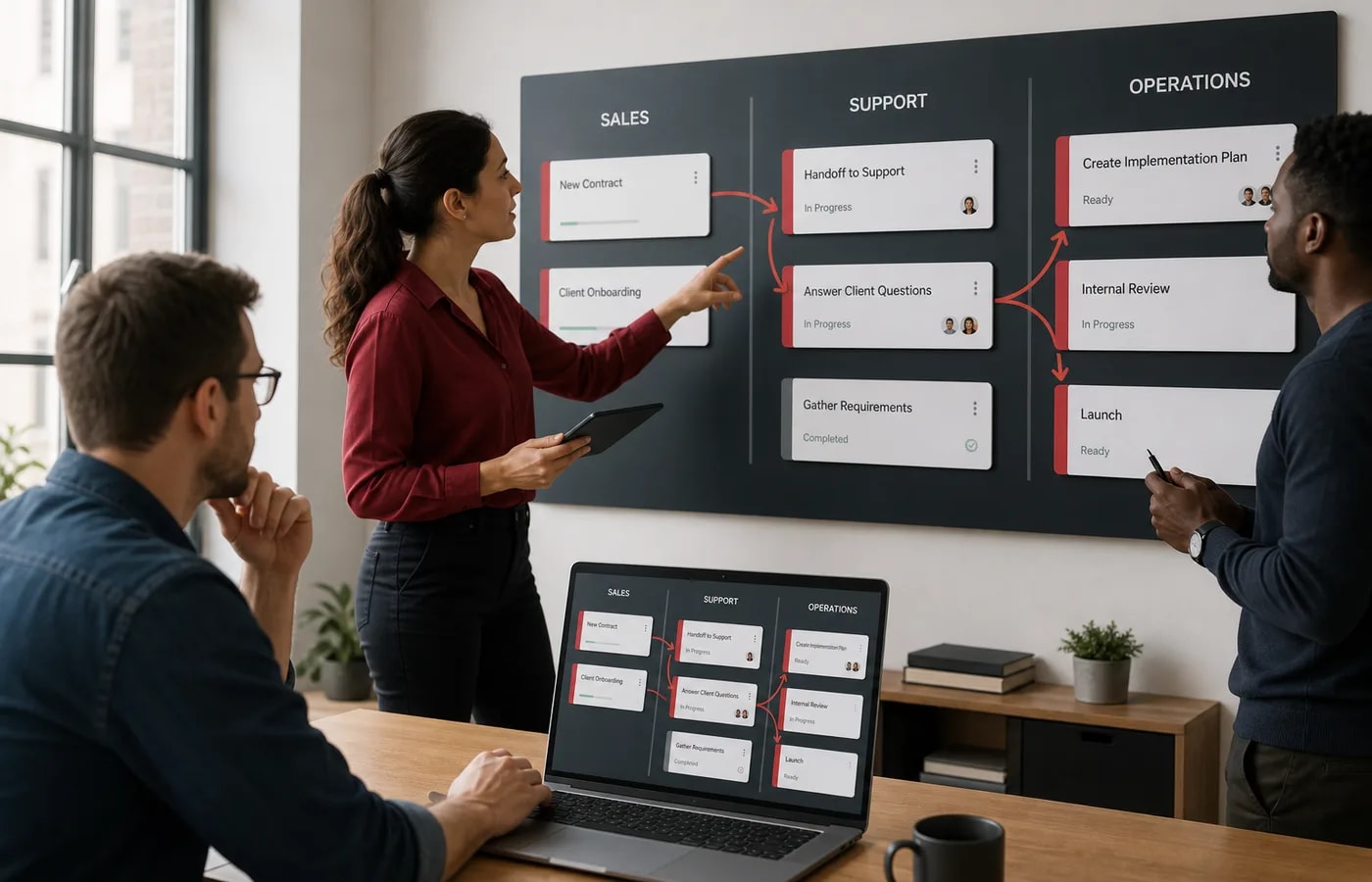 Team coordinating workflow automation handoffs approvals and task boards across departments