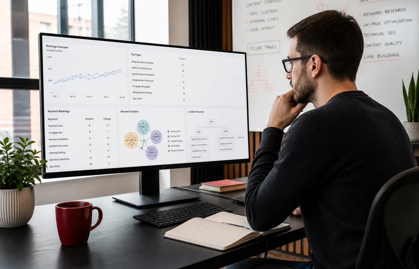 SEO specialist analyzing organic search visibility content structure and ranking opportunities