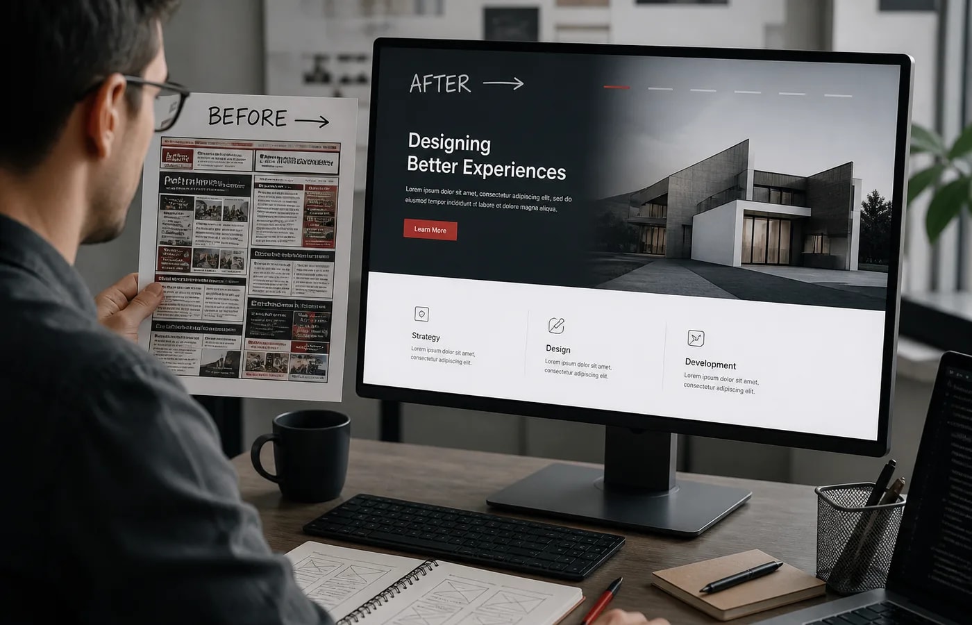 Website redesign workshop comparing an outdated site layout with a clearer modern interface