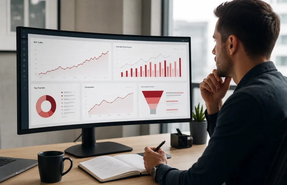 Digital marketer reviewing SEO, paid ads and website conversion analytics to grow demand